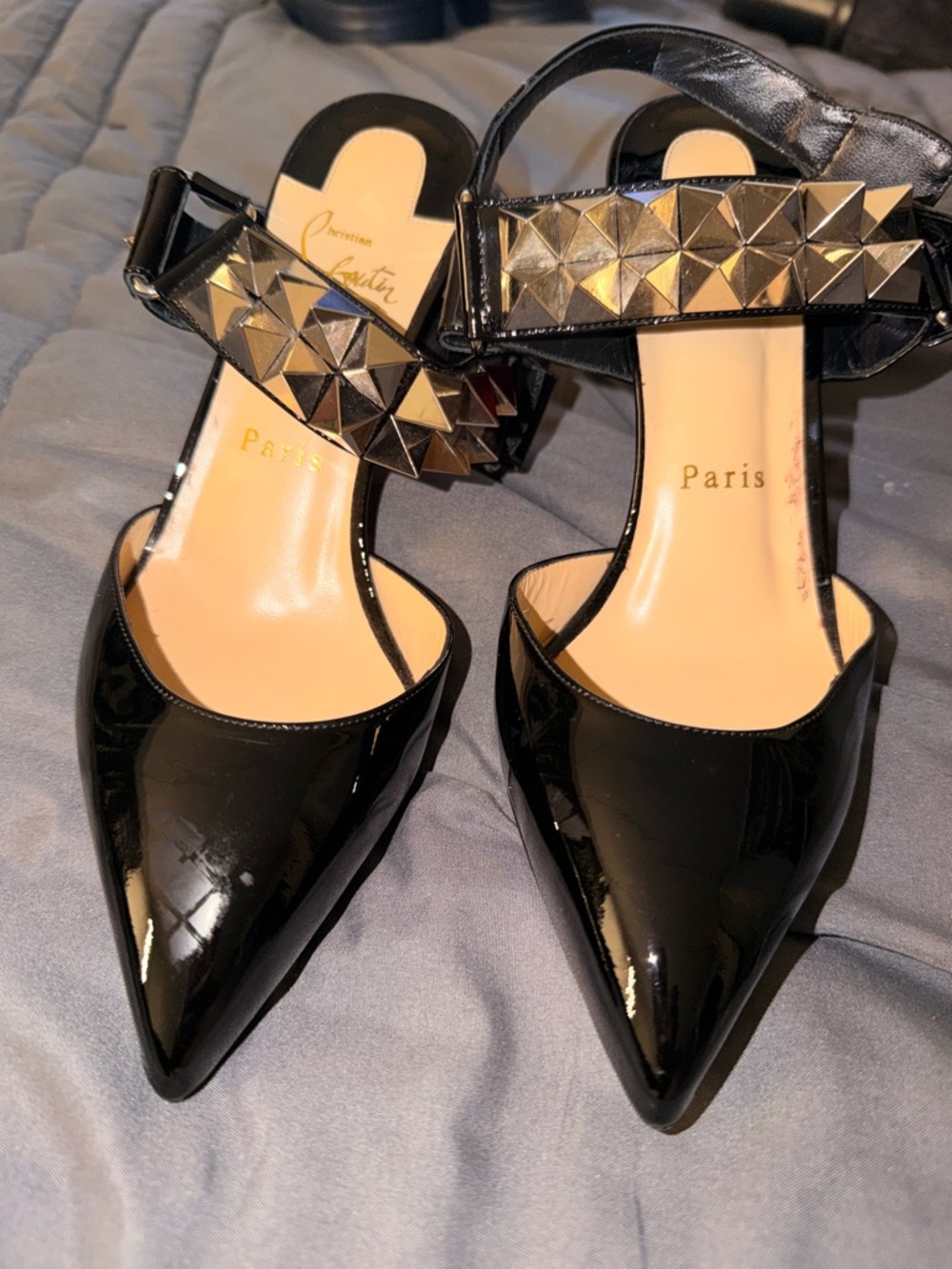 Christian Louboutin Black Patent Pointed-Toe Studded Slingbacks